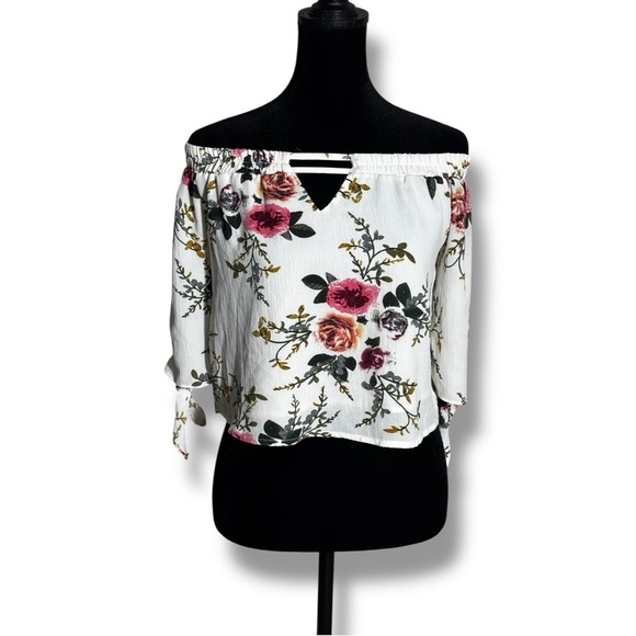 Tops - Unbranded Chic White Cotton Blend Floral Off-Shoulder 3/4 Tie Sleeves Blouse